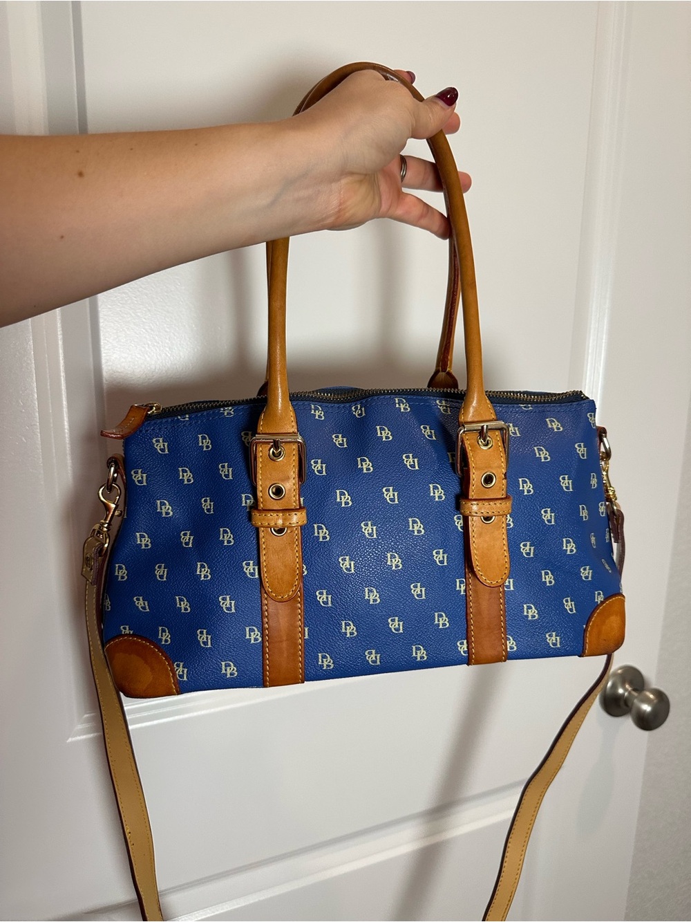 Dooney & Bourke Blue Monogram Satchel with Tan Leather Trim and Strap